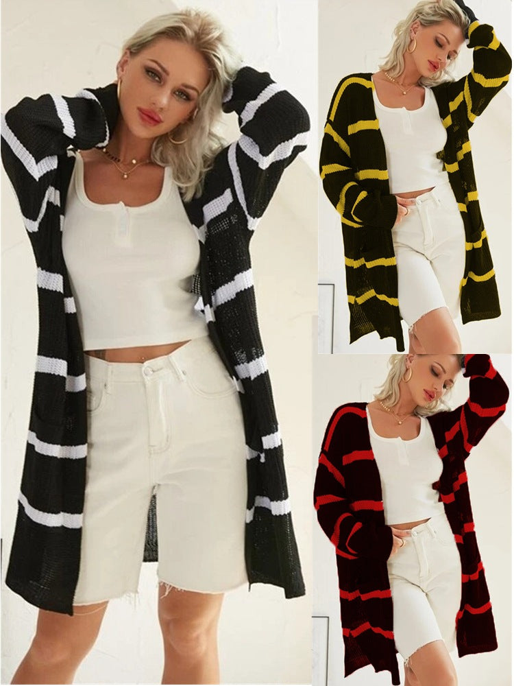 Damen Strickmantel im modischen Lagenlook mit gestreiftem Design Heidi-Mode