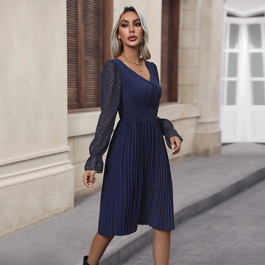 Damen Plissiertes Midi-Kleid mit Transparent em Spitzenärmeln und eleganter Taillierung Heidi-Mode