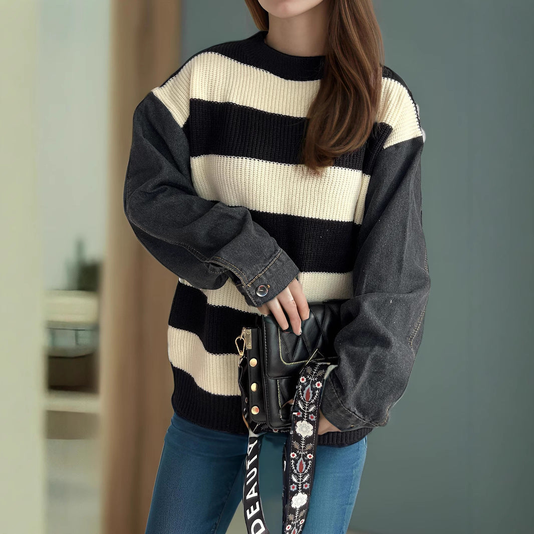Damen lässiger Strickpullover mit auffälligem Blockstreifenmuster und weiten Ärmeln Heidi-Mode
