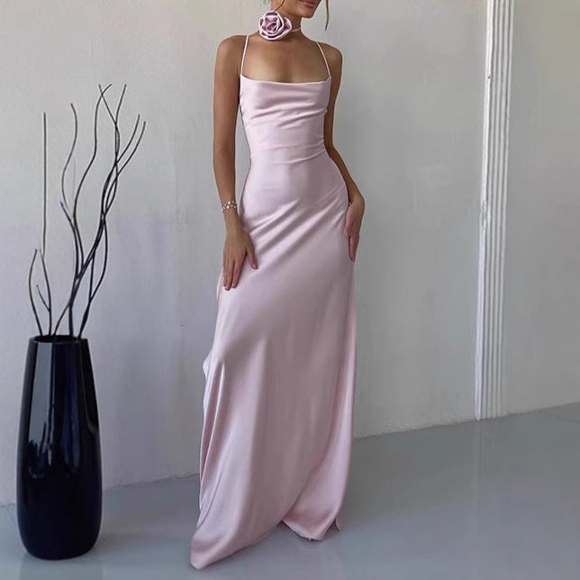 Damen Elegantes Bodenkotan Maxi-Kleid mit schmalen Spaghetti-Trägern und tiefem Ausschnitt Heidi-Mode