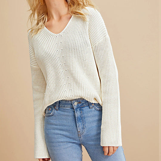 Damen modischer V-Ausschnitt Pullover mit strukturierter Stricktextur Heidi-Mode