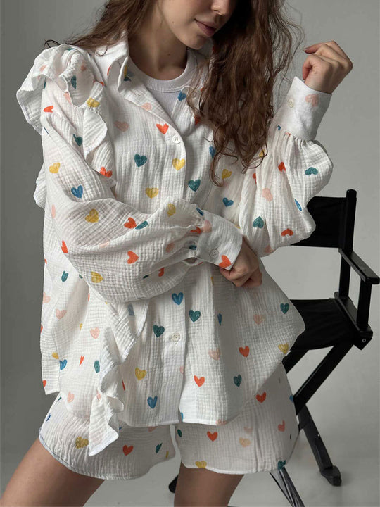 Damen Verspieltes Kurzarm-Oberteil und Shorts-Set mit Herz-Muster Heidi-Mode