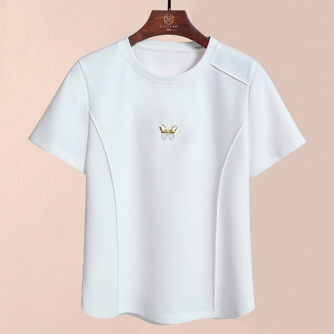 Damen T-Shirt mit eleganter Schmetterlingsapplikation und modernem Schnitt Heidi-Mode