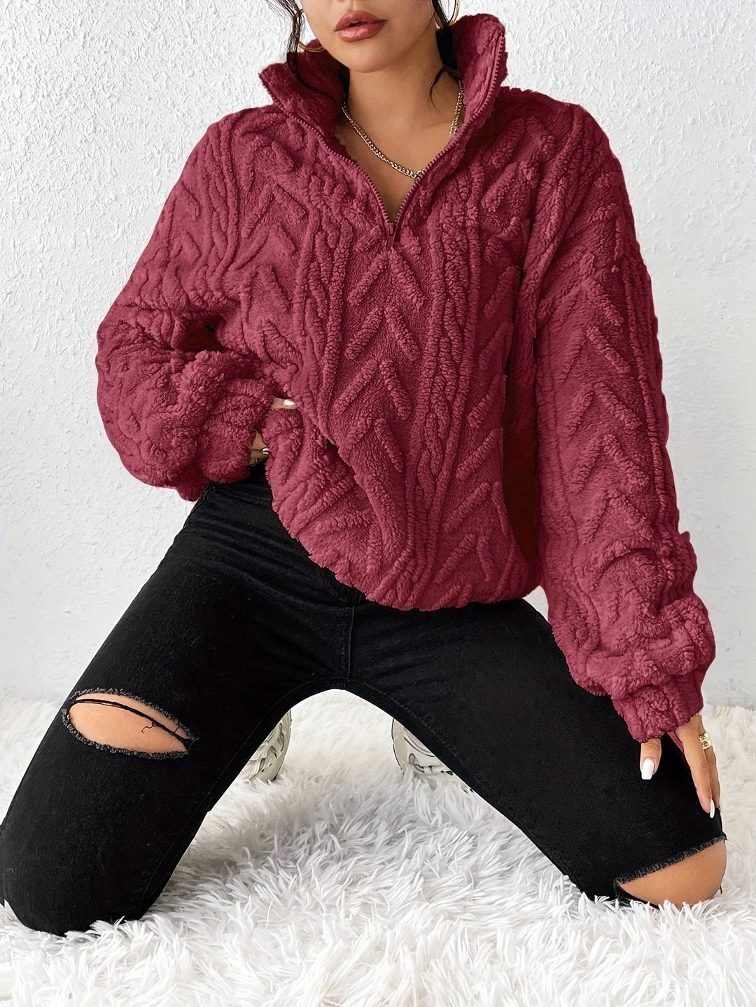 Damen Fleece Pullover mit hohem Kragen und strukturiertem Design Heidi-Mode