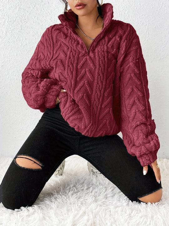 Damen Fleece Pullover mit hohem Kragen und strukturiertem Design Heidi-Mode