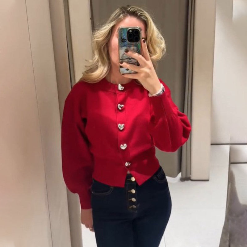 Damen Pullover mit Herzknöpfen und Puffärmeln Heidi-Mode