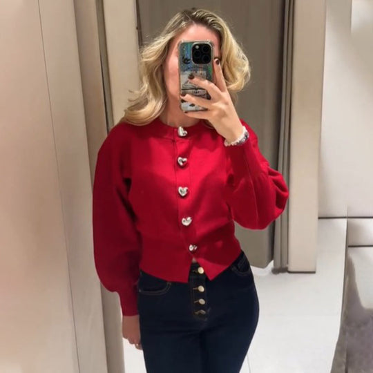 Damen Pullover mit Herzknöpfen und Puffärmeln Heidi-Mode