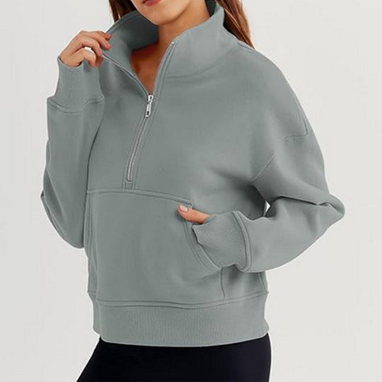 Damen lässiger Pullover mit hohem Kragen und kurzer Reißverschluss Heidi-Mode