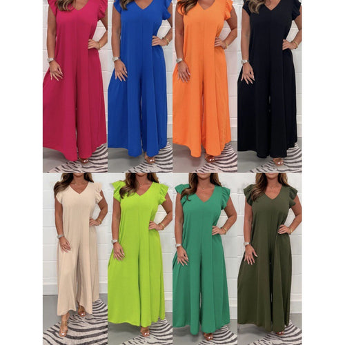 Damen luftiger Jumpsuit mit weit geschnittenem Bein und V-Ausschnitt Heidi-Mode