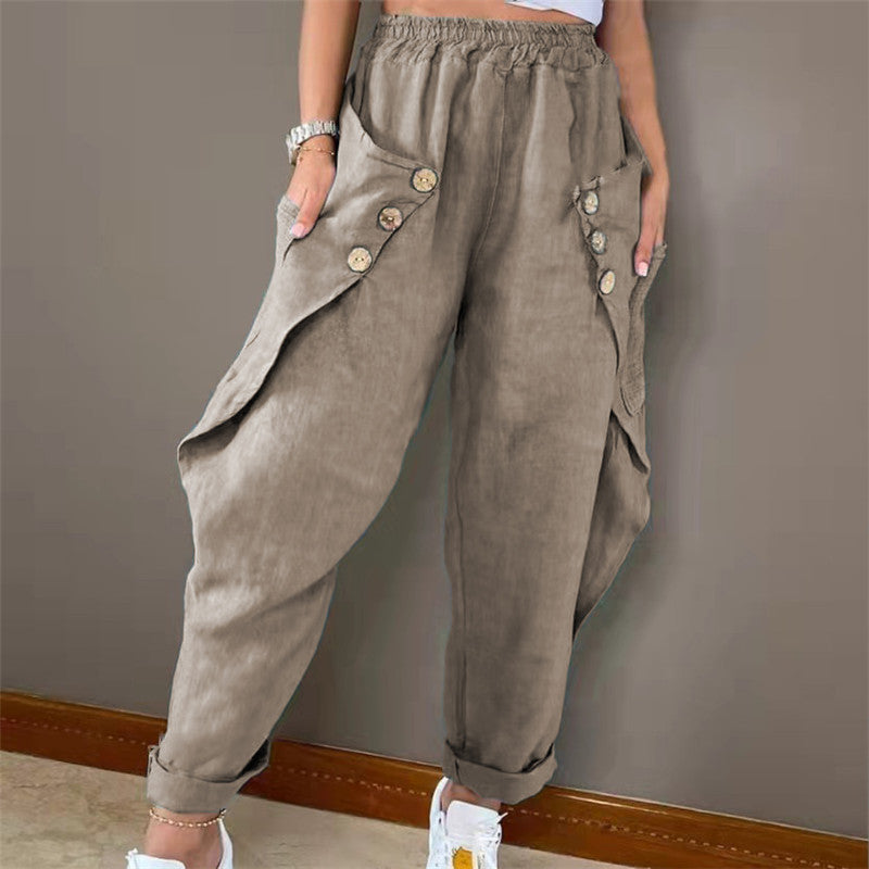 Damen lässige Sommerhose mit Knopfdetails und praktischen Seitentaschen Heidi-Mode
