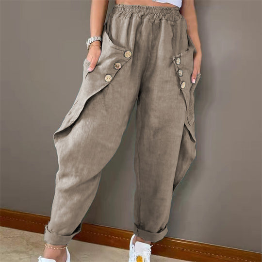 Damen lässige Sommerhose mit Knopfdetails und praktischen Seitentaschen Heidi-Mode
