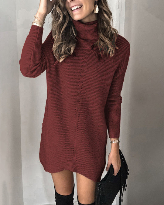 Damen Strickkleid mit hohem Kragen und strukturiertem Design Heidi-Mode