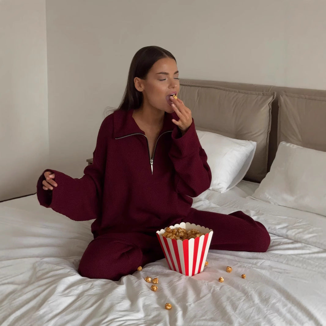 Damen Oversized Strickanzug mit modernem Stehkragen und Reißverschluss Heidi-Mode
