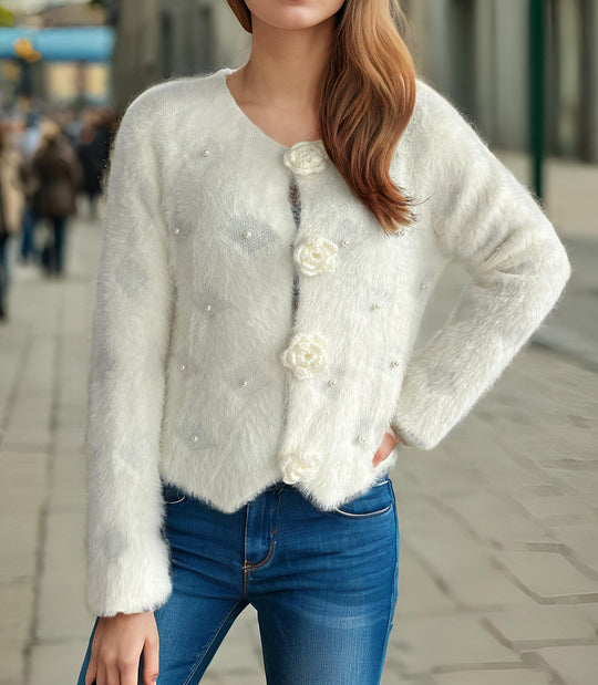 Damen Strickjacke mit floralen Applikationen und perlverzierter Detail Heidi-Mode