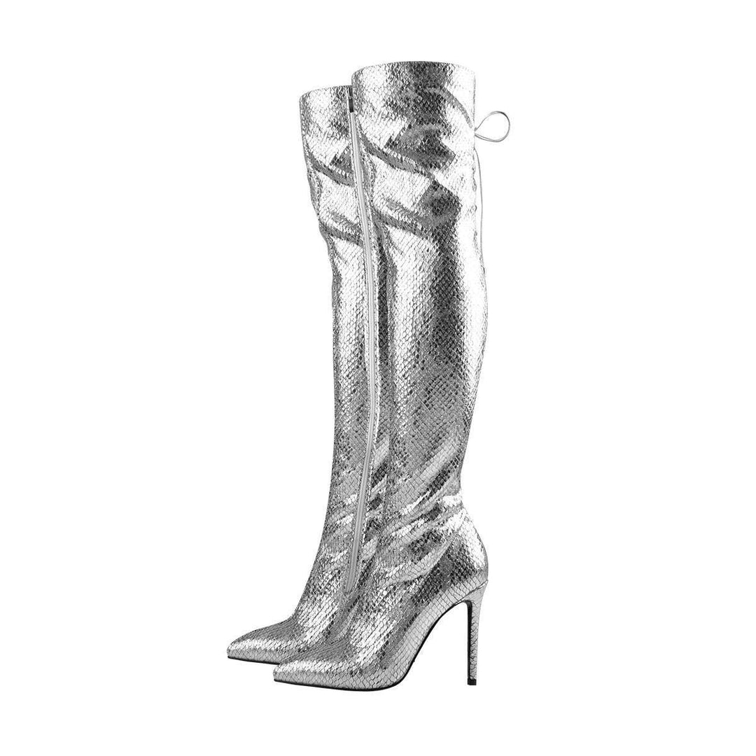 Femme Über-die-Knie Stiletto Stiefel mit Schlangenhaut-Finish Heidi-Mode
