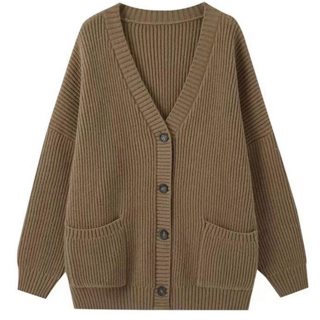 Damen Grobstrick Cardigan mit Taschen und tiefem V-Ausschnitt Heidi-Mode