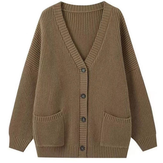 Damen Grobstrick Cardigan mit Taschen und tiefem V-Ausschnitt Heidi-Mode
