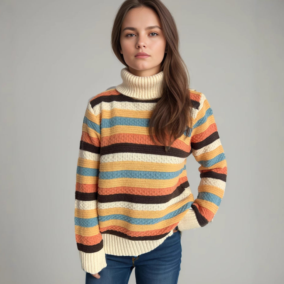 Damen Rollkragenpullover mit farbenfrohen Streifen und hochwertiger Strickqualität Heidi-Mode