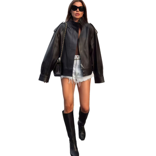 Damen elegante Oversized-Lederjacke mit hohem Kragen und praktischen Taschen Heidi-Mode