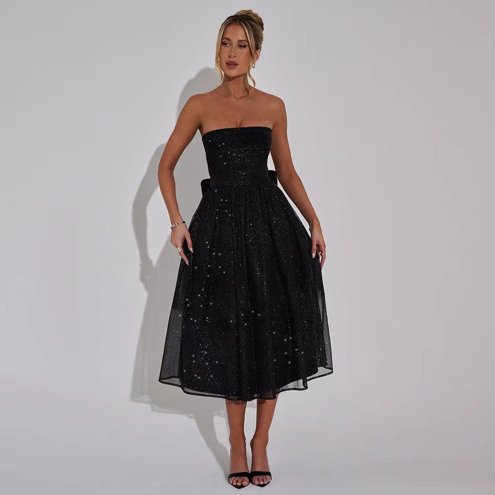 Damen Cocktailkleid mit schimmernden Akzenten und voluminösem Rock Heidi-Mode