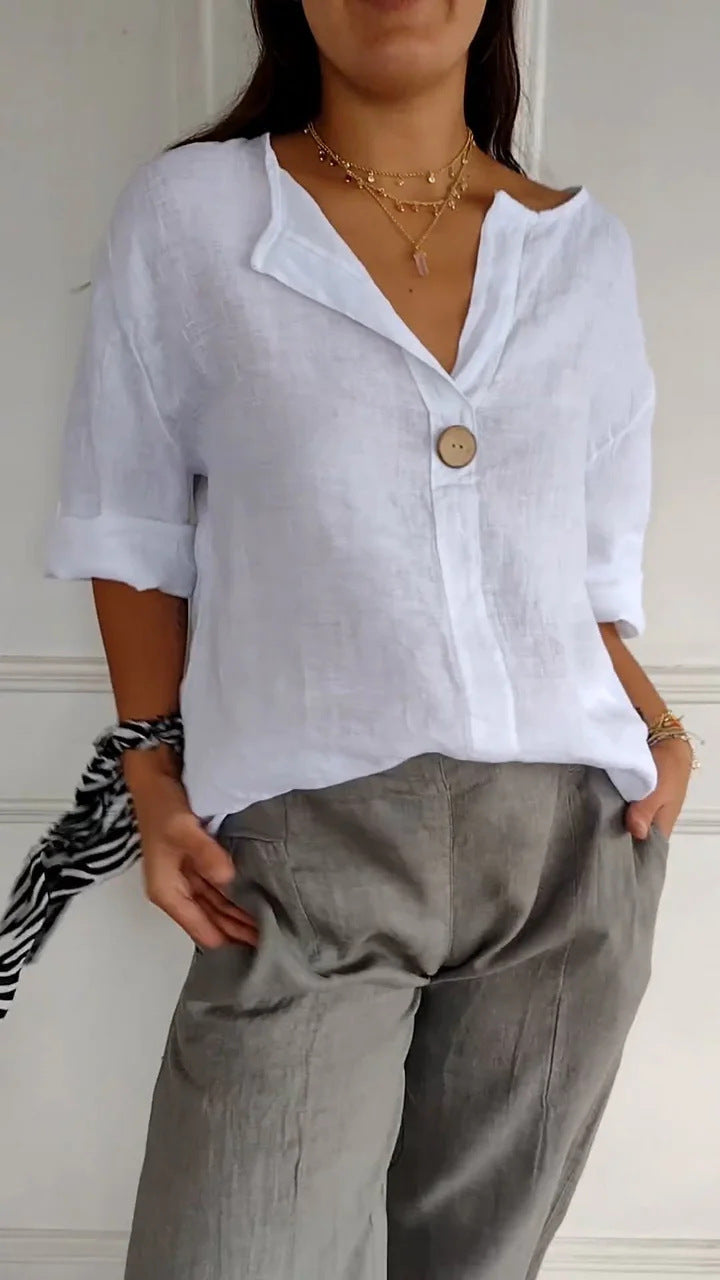 Damen Luftiges Leinenoberteil mit Knopfdetails und lässigem Schnitt Heidi-Mode