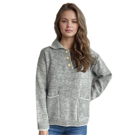 Damen Pullover mit kontrastierendem Kragen und dekorativen Knöpfen Heidi-Mode
