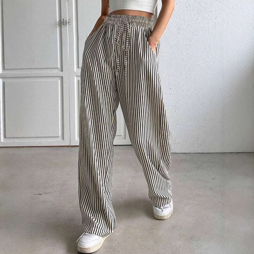 Damen Weit geschnittene Streifenhose mit elastischem Bund und Taschen Heidi-Mode
