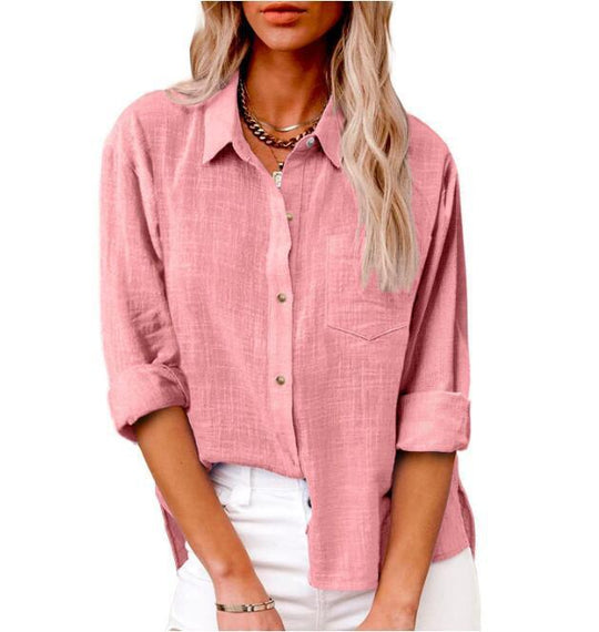 Damen lässige Leinenbluse mit kurzem Arm und Knopfdetails Heidi-Mode