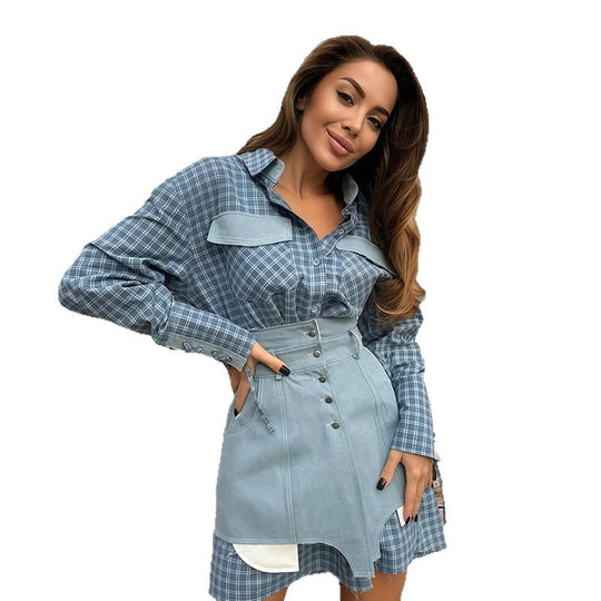 Damen Karo Hemdbluse mit Jeansrock und artisanalem Schnitt Heidi-Mode