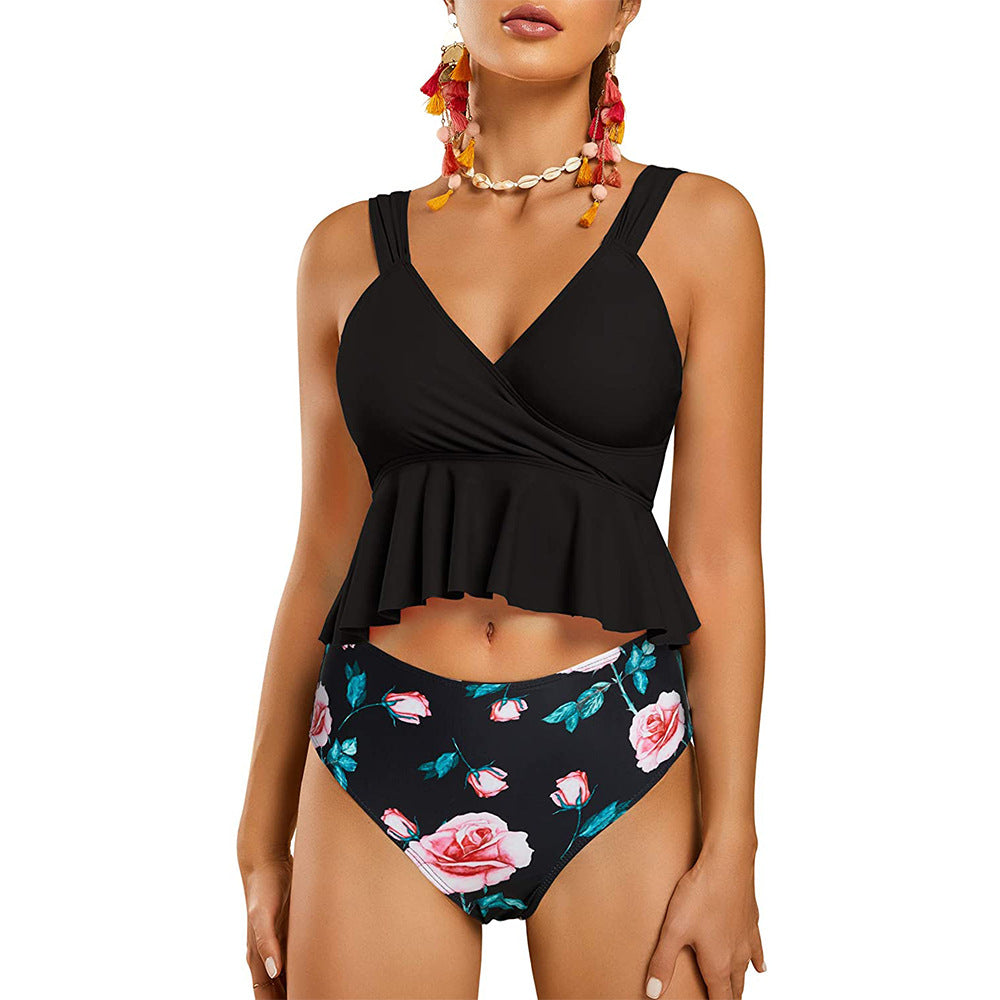 Damen Bademoden Set mit Rüschen und buntem Blatt-Muster Heidi-Mode