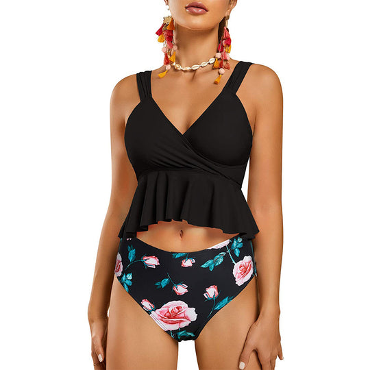 Damen Bademoden Set mit Rüschen und buntem Blatt-Muster Heidi-Mode