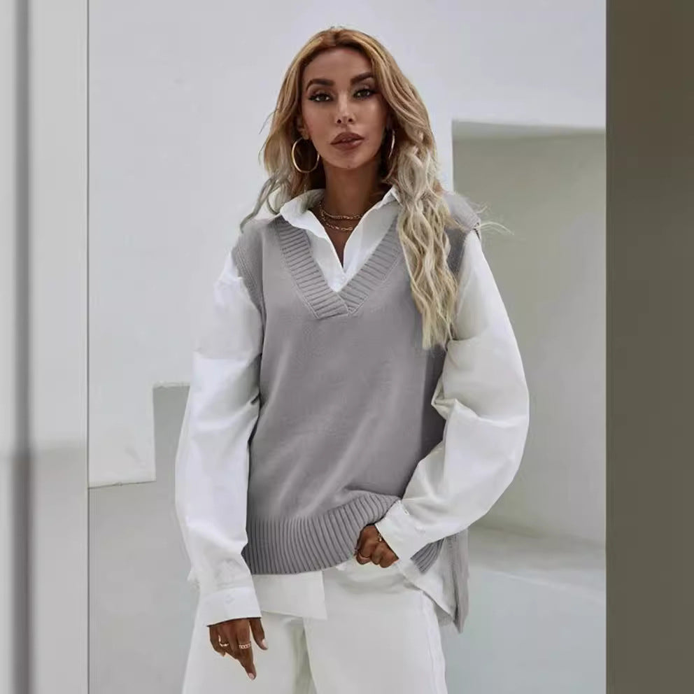 Damen Strickweste mit V-Ausschnitt und eleganter Rippenstruktur Heidi-Mode