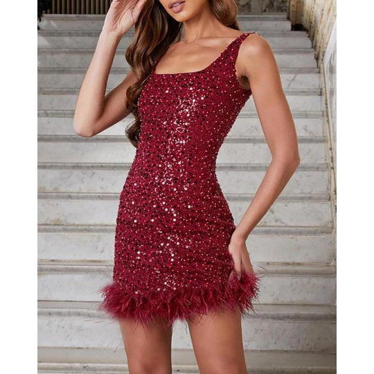 Heidi-Mode | Damen Pailletten Rotes Mini Kleid mit Federbesatz