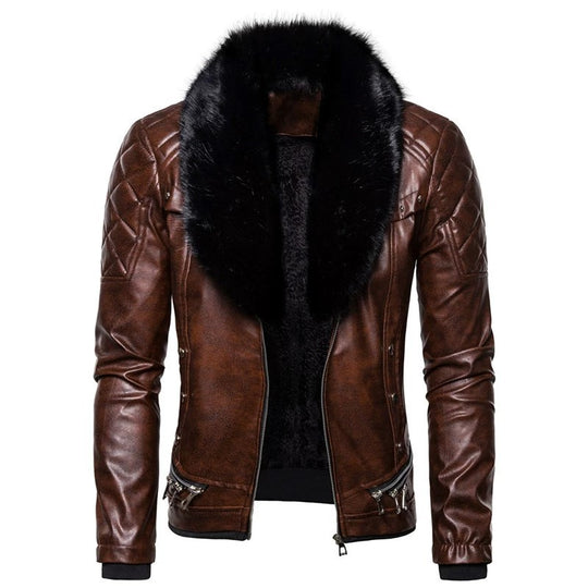 Herren stylische Kunstlederjacke mit Plüschkragen Heidi-Mode