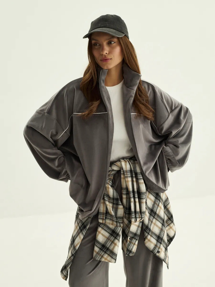 Damen sportliche Fleece-Jacke mit weitem Schnitt und kontrastierenden Details Heidi-Mode