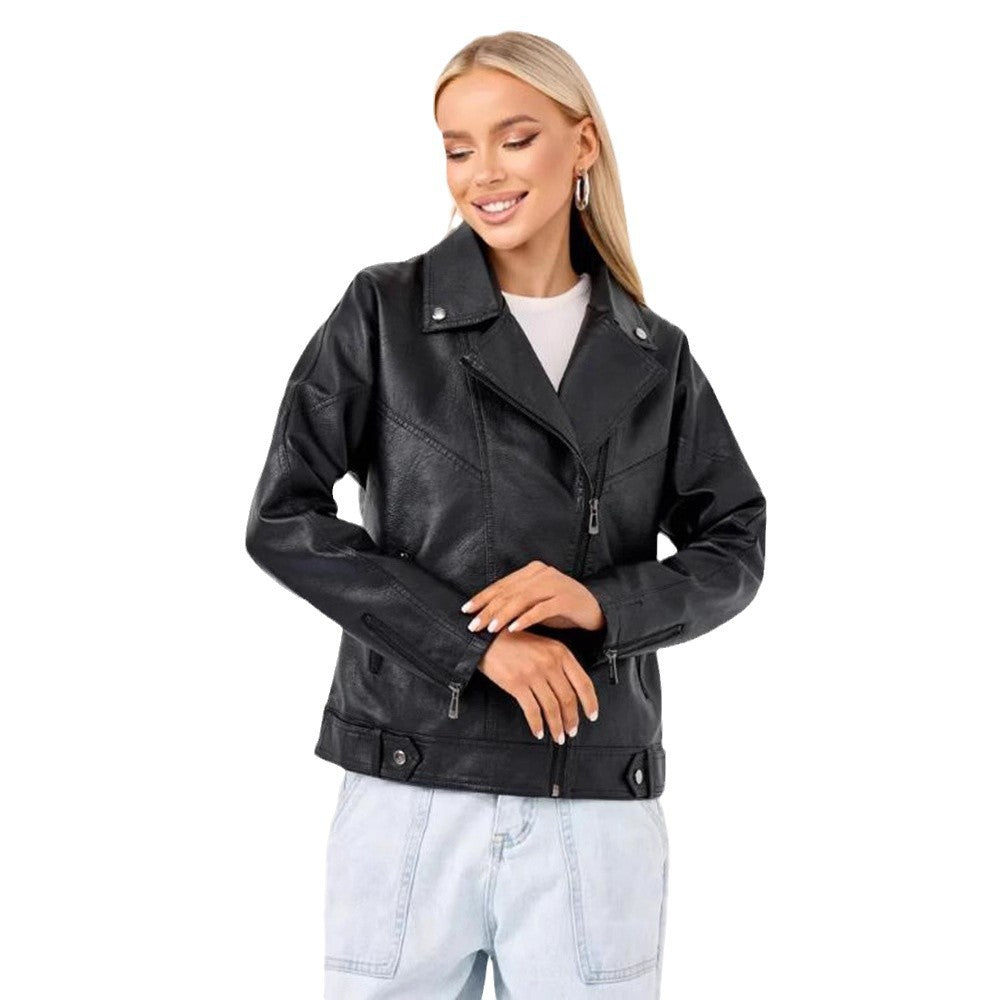 Damen hochwertige Kunstlederjacke im Biker-Stil mit asymmetrischem Reißverschluss Heidi-Mode