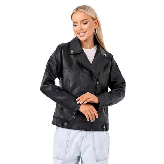 Damen hochwertige Kunstlederjacke im Biker-Stil mit asymmetrischem Reißverschluss Heidi-Mode