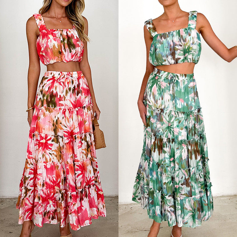 Damen Drei-Teiler Set mit Crop-Top, Maxirock und floralen Mustern Heidi-Mode