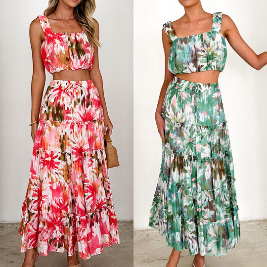 Damen Drei-Teiler Set mit Crop-Top, Maxirock und floralen Mustern Heidi-Mode