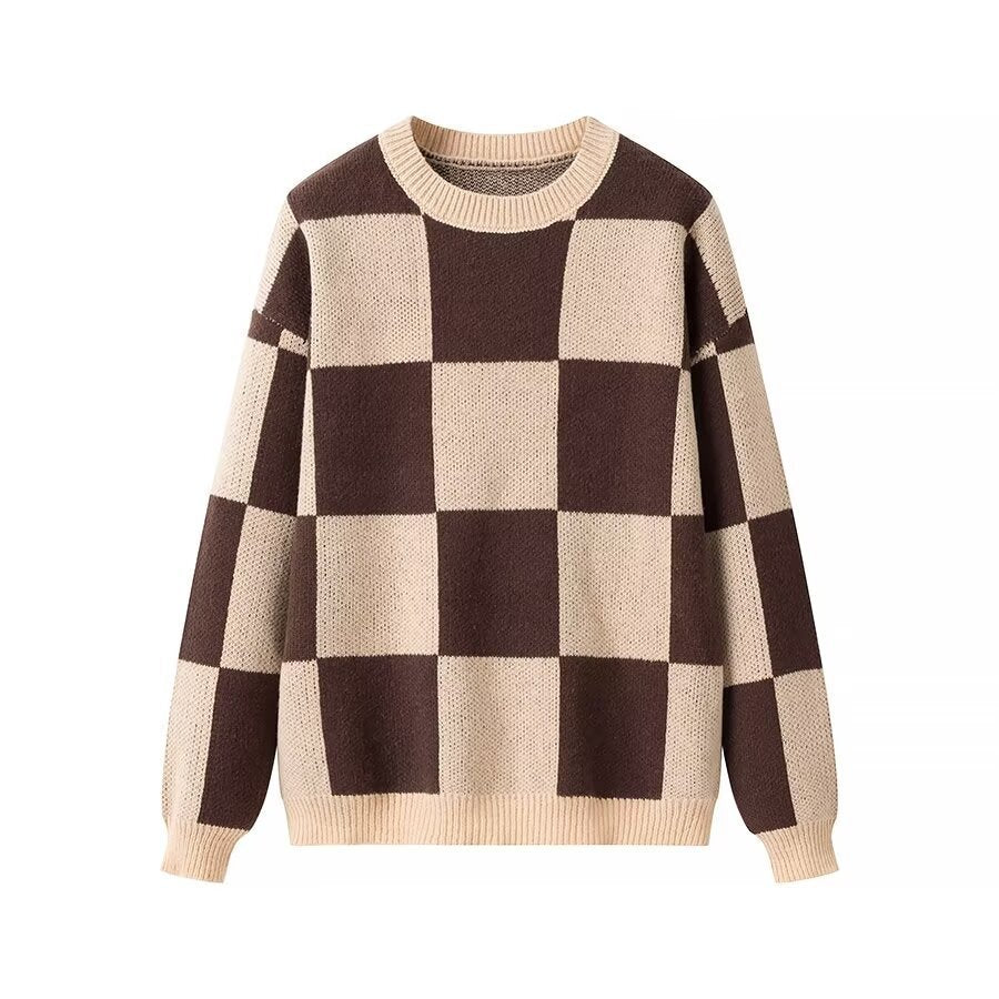 Damen OverGrößed Kariert Pullover mit Rundhalsausschnitt und feiner Strickstruktur Heidi-Mode