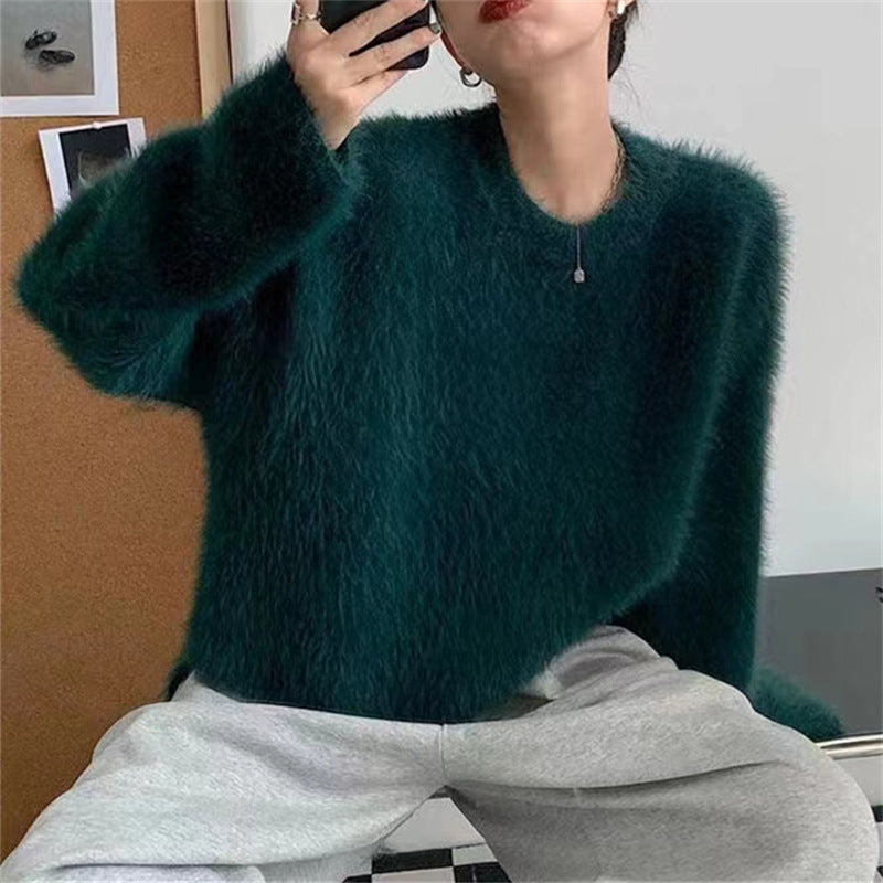 Damen Flauschiger Pullover mit lässigem Schnitt und hohem Rundhalsausschnitt Heidi-Mode