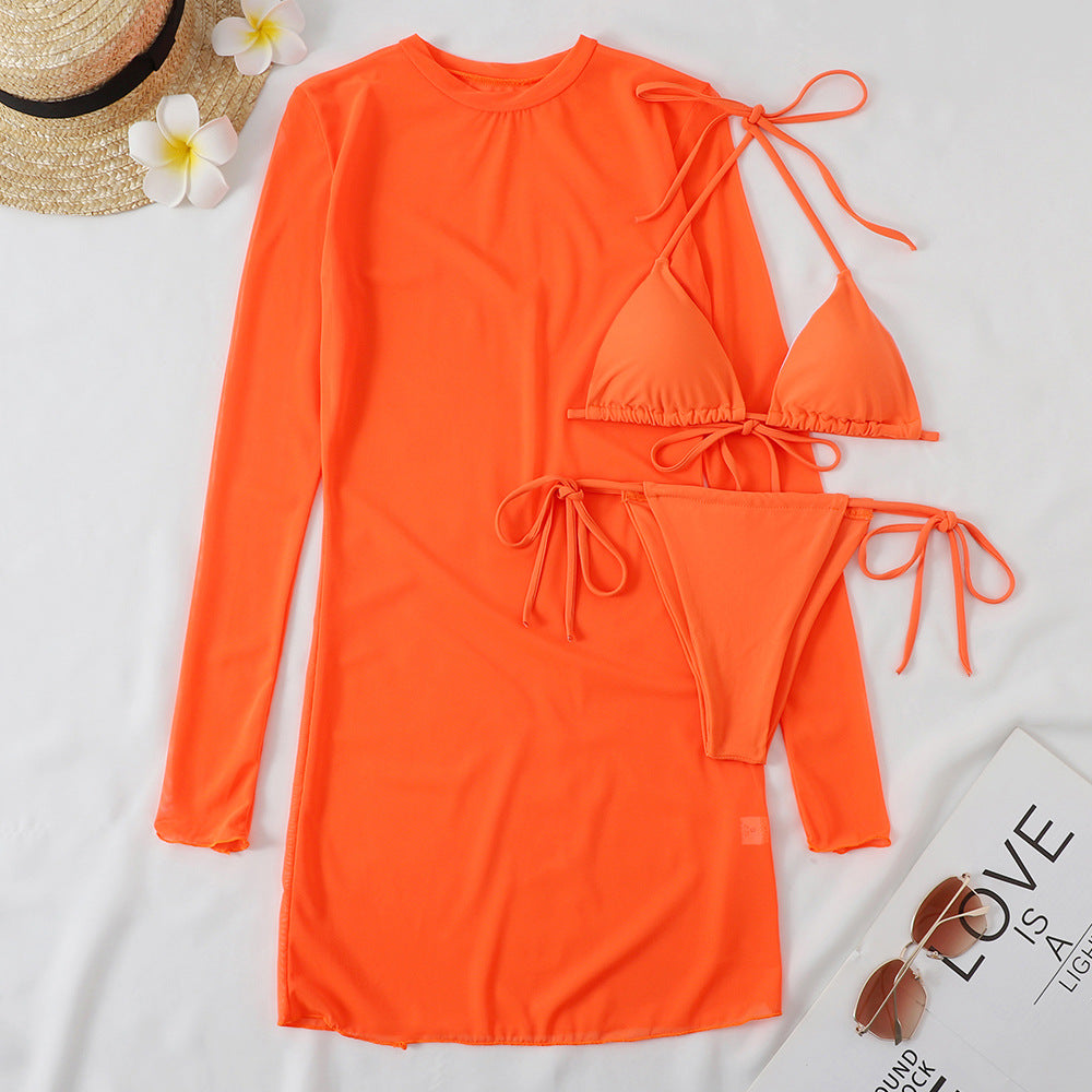 Damen Bikini-Set mit schickem Langarm Strandkleid und verstellbaren Trägern Heidi-Mode