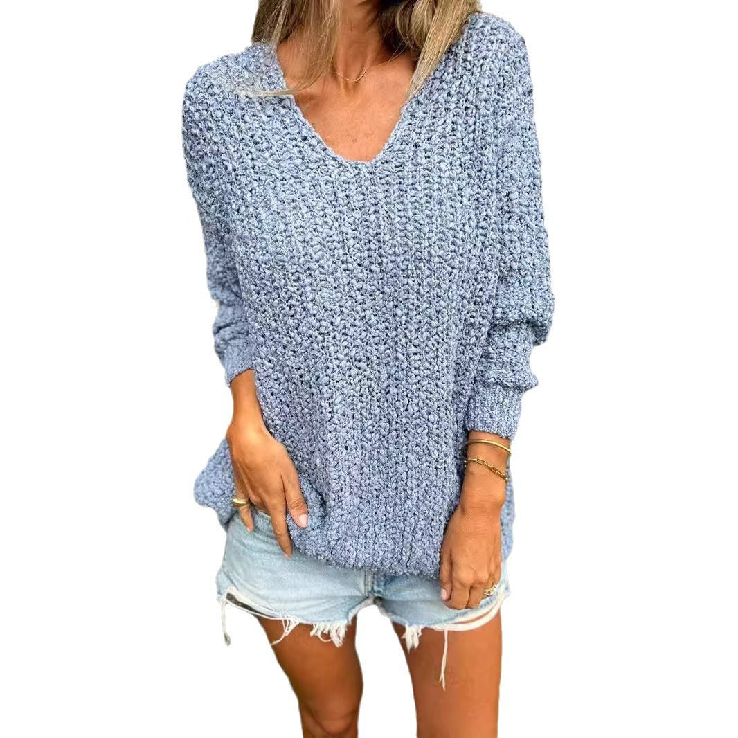 Damen Bequemes V-Ausschnitt Sweatshirt mit Struktur und langen Ärmeln Heidi-Mode