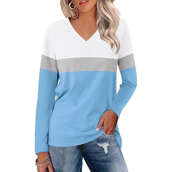Damen Langarmshirt mit V-Ausschnitt und modernen Farbblöcken Heidi-Mode
