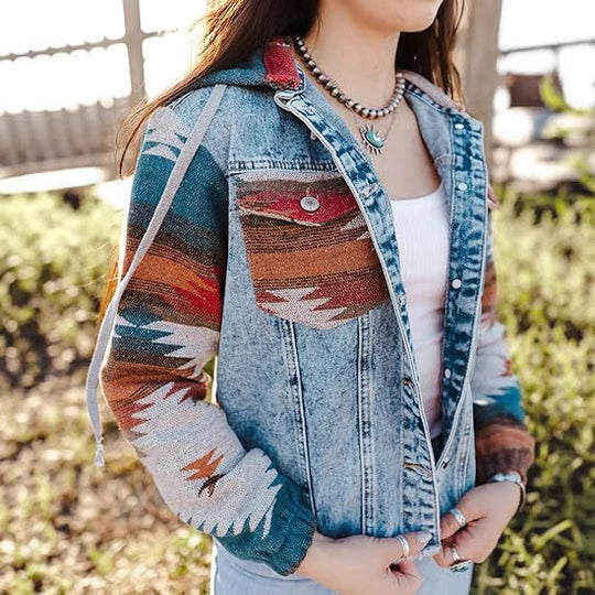 Damen Denimjacke im lässigen Boho-Stil mit Kapuze Heidi-Mode