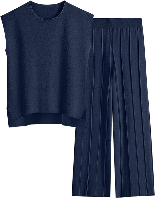 Damen elegantes Set mit kurzärmligem Oberteil und plissierter Hose Heidi-Mode