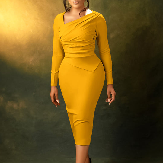 Damen Etuikleid mit asymmetrischem Design und langen Ärmeln Heidi-Mode