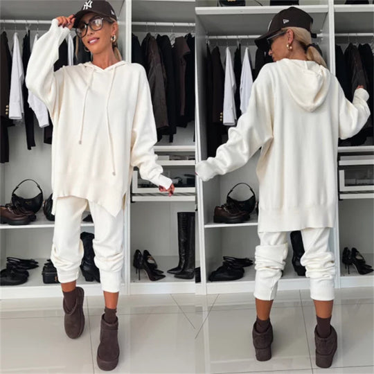 Damen modisches Freizeit-Loungewear-Set aus weichem Material mit Kapuze und weit geschnittenen Hosen Heidi-Mode
