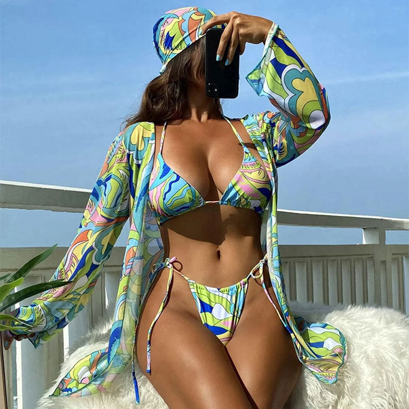Damen Bikiniset mit leichtem, transparentem Kimono und verspieltem Muster Heidi-Mode