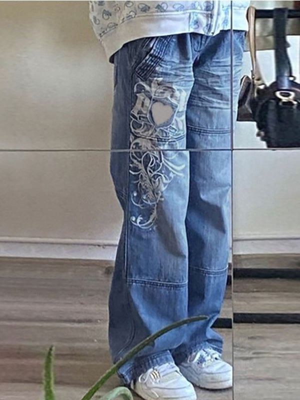 Damen Weit geschnittene Jeans mit einzigartigem Design und prominentem Druck Heidi-Mode